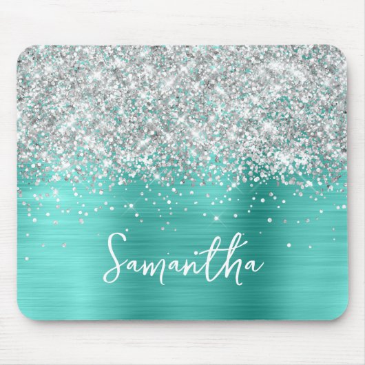 Zilver Glitter Turquoise Glam Naam Muismat (Voorkant)