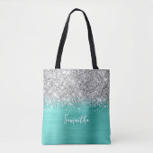 Zilver Glitter Turquoise Glam Naam Tote Bag (Voorkant)