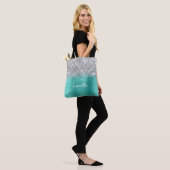Zilver Glitter Turquoise Glam Naam Tote Bag (Op model)