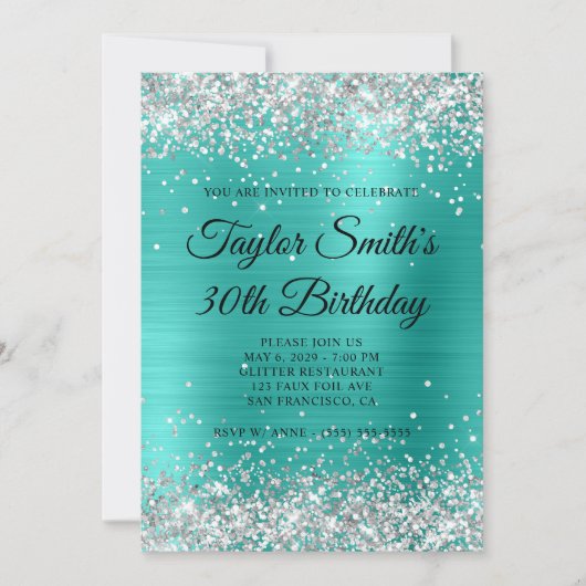 Zilver Glitter Turquoise Monogram 30e Verjaardag Kaart (Voorkant)