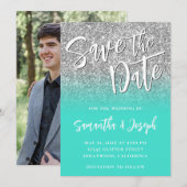 Zilver Glitter Turquoise Ombre  Save The Date (Voorkant / Achterkant)