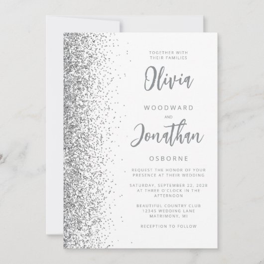 Zilver Glitter Wit Script QR Code Trouwfeest Kaart (Voorkant)