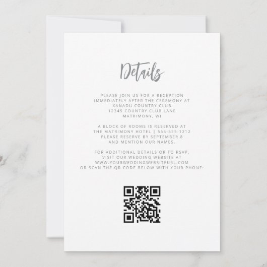 Zilver Glitter Wit Script QR Code Trouwfeest Kaart (Achterkant)