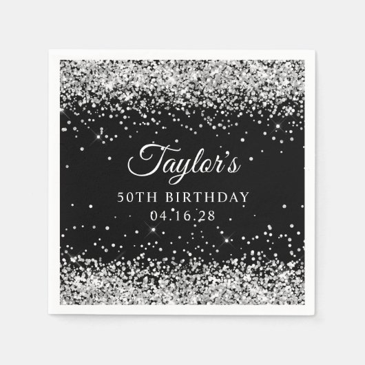 Zilver Glitter Zwart 50ste Verjaardag Servet (Voorkant)