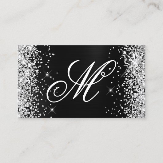 Zilver Glitter Zwart Folie Fancy Monogram Visitekaartje (Voorkant)