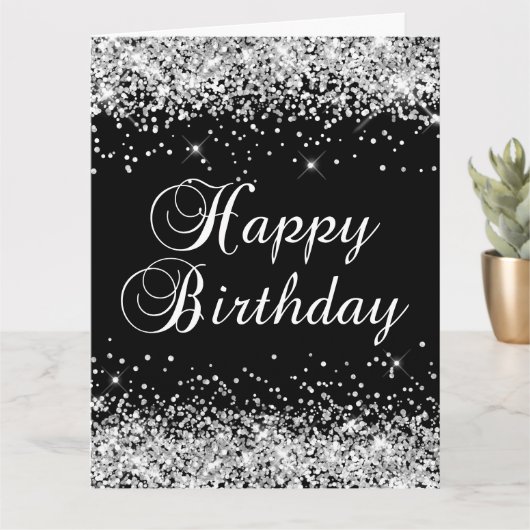 Zilver Glitter Zwart Gefeliciteerd Groot Kaart (Kleine Plant)