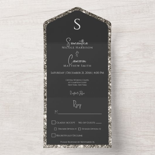 Zilver Glitter & Zwart Glam Moderne Eettafel All In One Uitnodiging (Binnen)