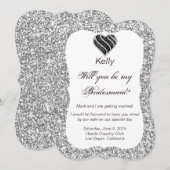 Zilver Glitter Zwart Hart Bruidsmeisje Kaart (Voorkant / Achterkant)