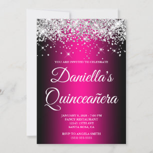 Zilver Glitter Zwart Magenta Ombre Quinceañera Kaart