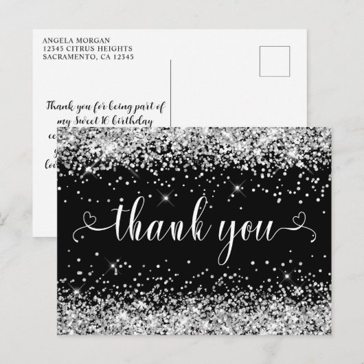 Zilver Glitter Zwart Sweet 16 Hartjes Dank je wel Briefkaart (Voorkant / Achterkant)