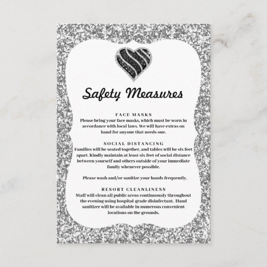 Zilver Glitter Zwart & Wit Hart Veiligheidsmaatreg Informatiekaartje (Voorkant)