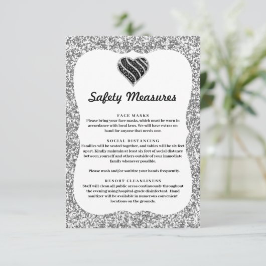 Zilver Glitter Zwart & Wit Hart Veiligheidsmaatreg Informatiekaartje (Staand voorkant)