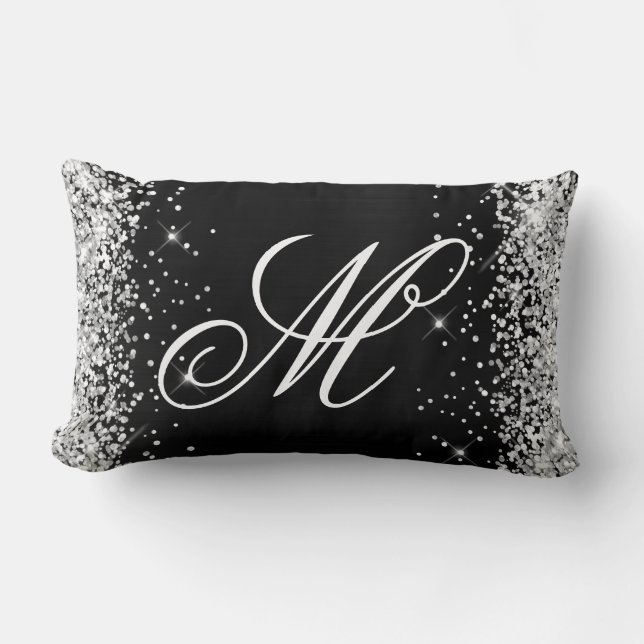 Zilver Glitter Zwarte Folie Fancy Monogram Kussen (Voorkant)