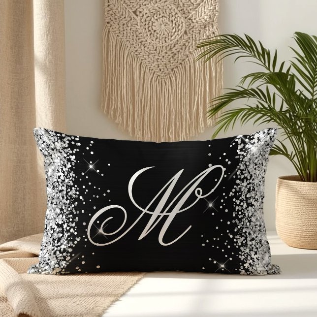 Zilver Glitter Zwarte Folie Fancy Monogram Kussen (Silver Glitter Black Foil Fancy Monogrammed Lumbar Pillow)