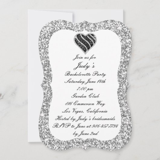 Zilver Glitter Zwarte Hart Bachelorette Feest Kaart (Voorkant)
