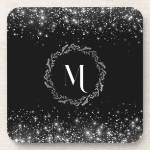 Zilver Glitter Zwarte Monogram Bier Onderzetter