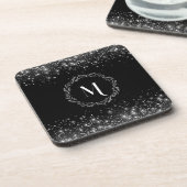 Zilver Glitter Zwarte Monogram Bier Onderzetter (Linkerzijde)
