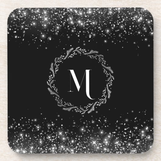 Zilver Glitter Zwarte Monogram Bier Onderzetter (Voorkant)