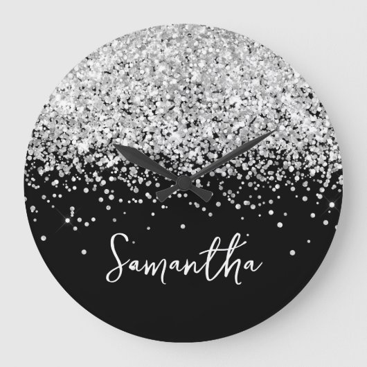 Zilver Glitter Zwarte Script Naam Grote Klok (Voorkant)