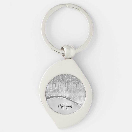 Zilver Glitterdruppels & Glans, Naam & Monogram Sleutelhanger (Voorkant)