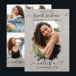Zilver Glitterende Halo Fotocollage Sweet 16 Kaart<br><div class="desc">Deze mooie en meisjesachtige zoete zestiende verjaardagsfeest foto collage uitnodiging is perfect voor het trendy en stijlvolle meisje. Het bevat een nep gedrukte glinsterende zilveren glitters borstelstreek halo bovenop een grote kenmerkende foto en elegante handgeschreven cursieve script typografie. Op de achterkant staan vier meer aanpasbare foto's en de feestdetails met...</div>