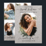 Zilver Glitterende Halo Fotocollage Sweet 16 Kaart<br><div class="desc">Deze mooie en meisjesachtige zoete zestiende verjaardagsfeest foto collage uitnodiging is perfect voor het trendy en stijlvolle meisje. Het bevat een nep gedrukte glinsterende zilveren glitters borstelstreek halo bovenop een grote kenmerkende foto en elegante handgeschreven cursieve script typografie. Op de achterkant staan vier meer aanpasbare foto's en de feestdetails met...</div>