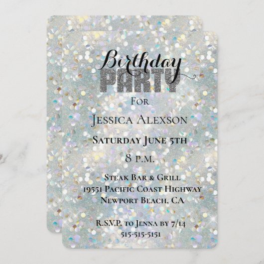 Zilver Glitterfeest Blauw Witte Bokeh Verjaardag Kaart (Voorkant / Achterkant)