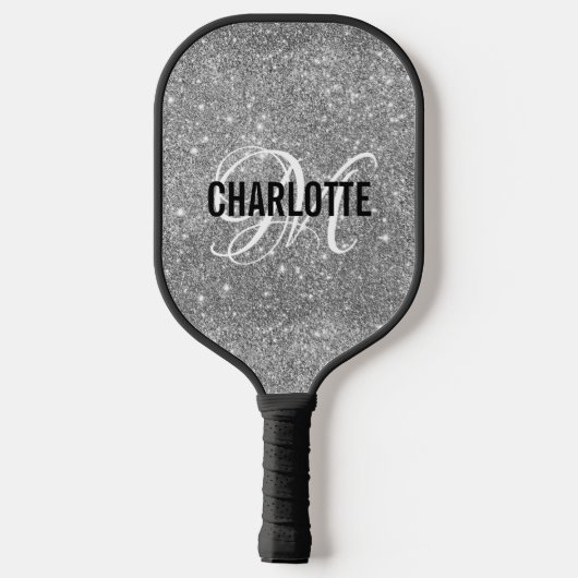 Zilver glitters witte script monogram naam pickleball paddle (Achterkant)