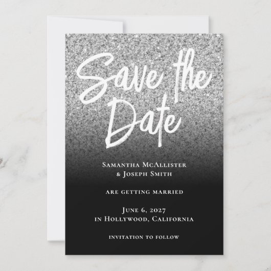 Zilver Glitters Zwart Ombre Save The Date (Voorkant)