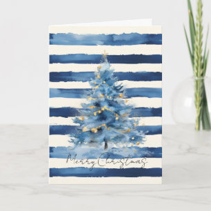 Zilver Goud Blauwe Strepen Kerstboom Kaart