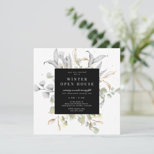 Zilver Goud Bloemig Elegant Vierkant Open Huis Kaart (Staand voorkant)
