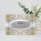 Zilver & Goud Damask Pearl Quinceanera RSVP (Staand voorkant)