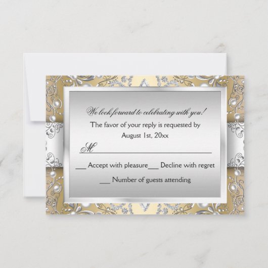 Zilver & Goud Damask Pearl Quinceanera RSVP (Achterkant)