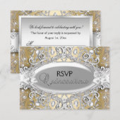 Zilver & Goud Damask Pearl Quinceanera RSVP (Voorkant / Achterkant)