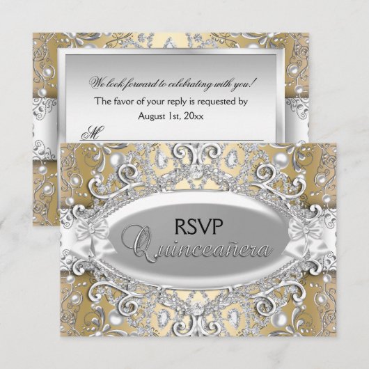 Zilver & Goud Damask Pearl Quinceanera RSVP (Voorkant / Achterkant)