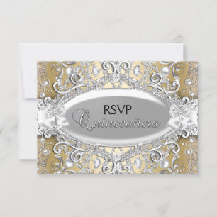 Zilver & Goud Damast Parel Quinceanera RSVP Kaartje