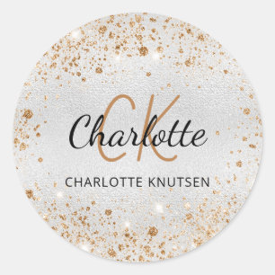 Zilver goud glitterspul monogram initiaal naam ronde sticker