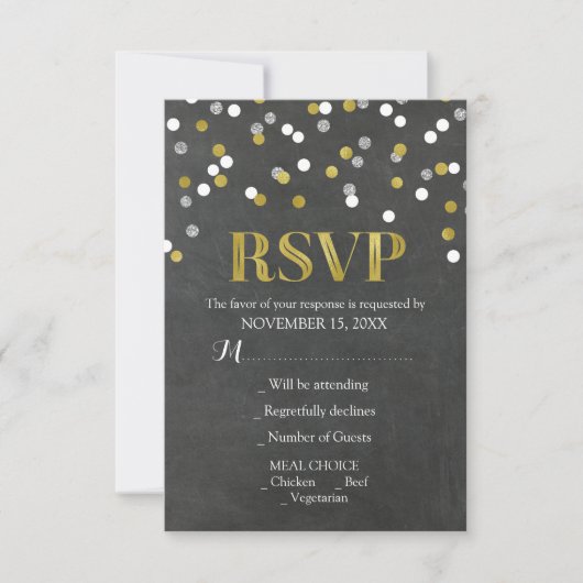Zilver Goud Krijtbord Confetti Wedding RSVP Kaarte (Voorkant)