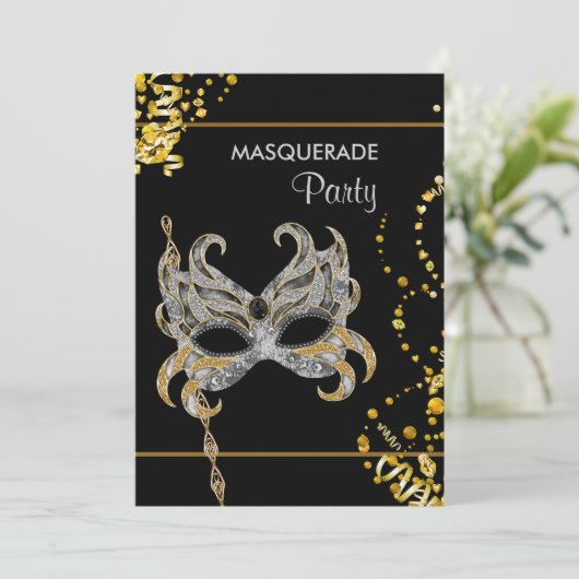 Zilver Goud Mardi Gras Masquerade Party Kaart (Staand voorkant)