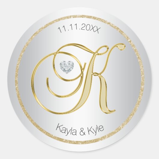 Zilver Goud Monogram 'K' Bruiloft Envelop Afdichti Ronde Sticker (Voorkant)