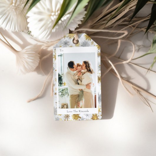Zilver & Goud Sneeuwvlok Foto Kerstcadeautag Cadeaulabel