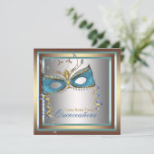 Zilver Goud Teal Masquerade Feest Kaart (Staand voorkant)