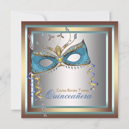 Zilver Goud Teal Masquerade Feest Kaart (Voorkant)