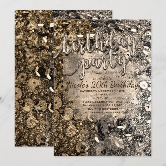 Zilver & Goud Verjaardagsfeest Sequins Uitnodiging (Voorkant / Achterkant)