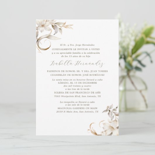 Zilver, Goud & Wit Bloemen Spaanse Quinceañera Kaart (Staand voorkant)