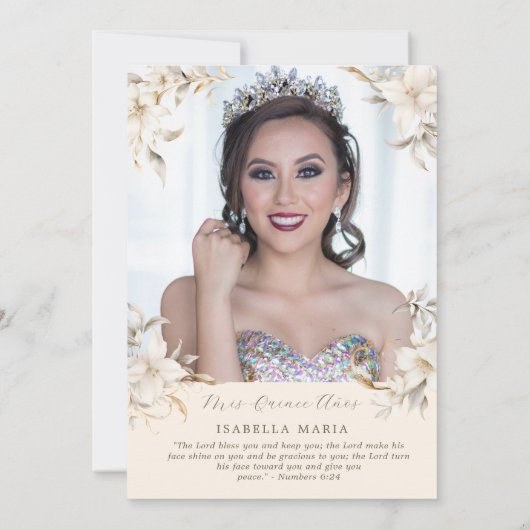 Zilver, Goud & Wit Bloemen Spaanse Quinceañera Kaart (Achterkant)