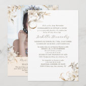 Zilver, Goud & Wit Bloemen Spaanse Quinceañera Kaart (Voorkant / Achterkant)