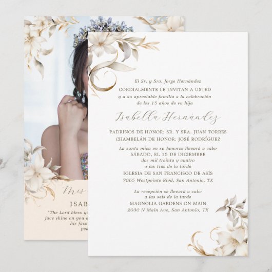 Zilver, Goud & Wit Bloemen Spaanse Quinceañera Kaart (Voorkant / Achterkant)