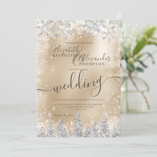 Zilver Gouden Sneeuw Pine Kerst Winter Trouwkunst Kaart (Staand voorkant)