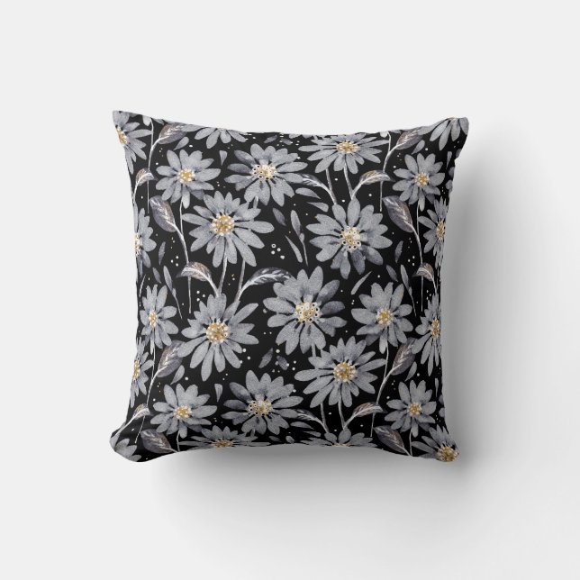 Zilver Grey Daisies op Black Reversible Floral Kussen (Voorkant)